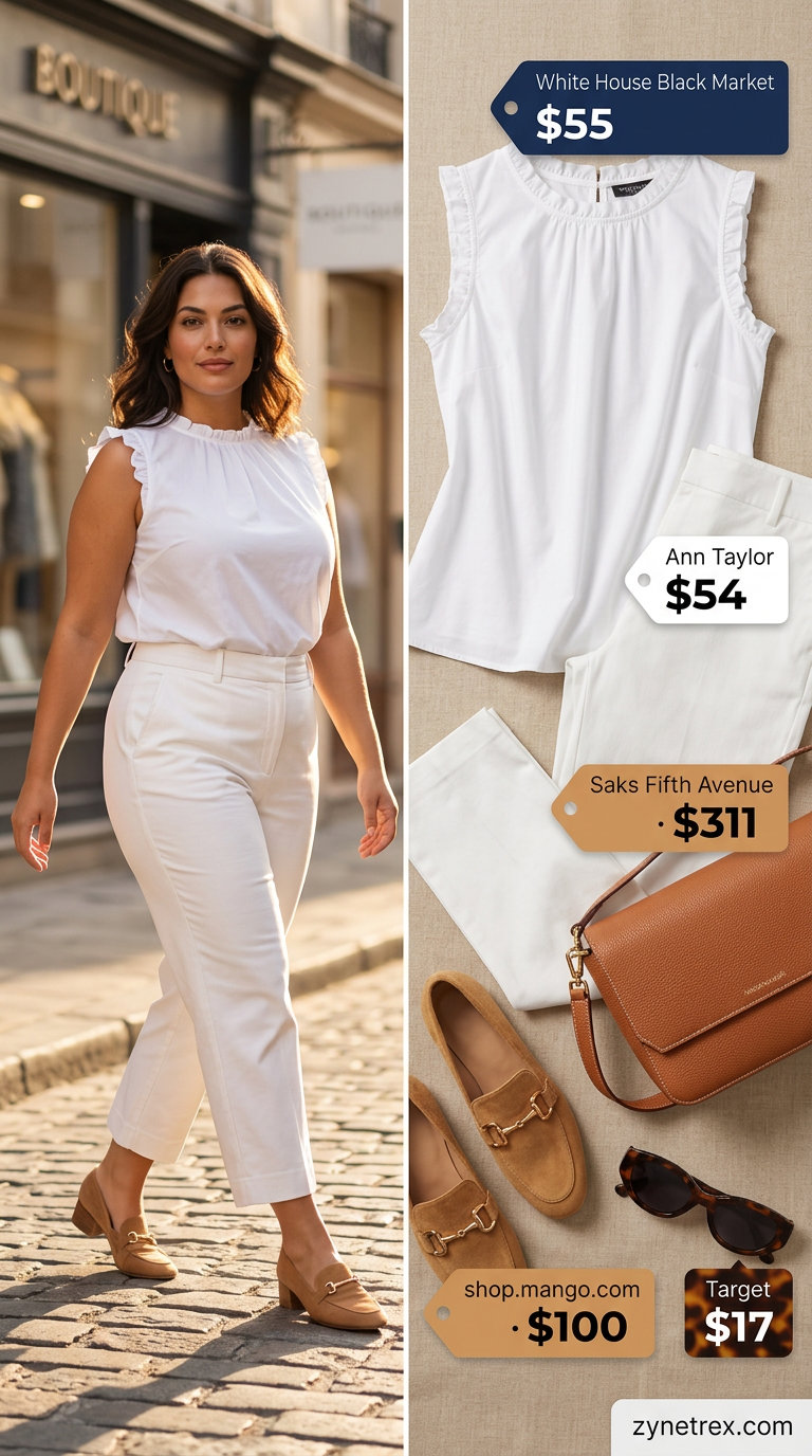 Navy ruffle summer sleeveless top 2026 with white capri pants for city sightseeing.