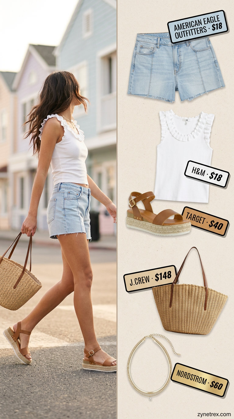 White ruffle summer sleeveless top 2026 with light wash denim shorts for a coastal look.