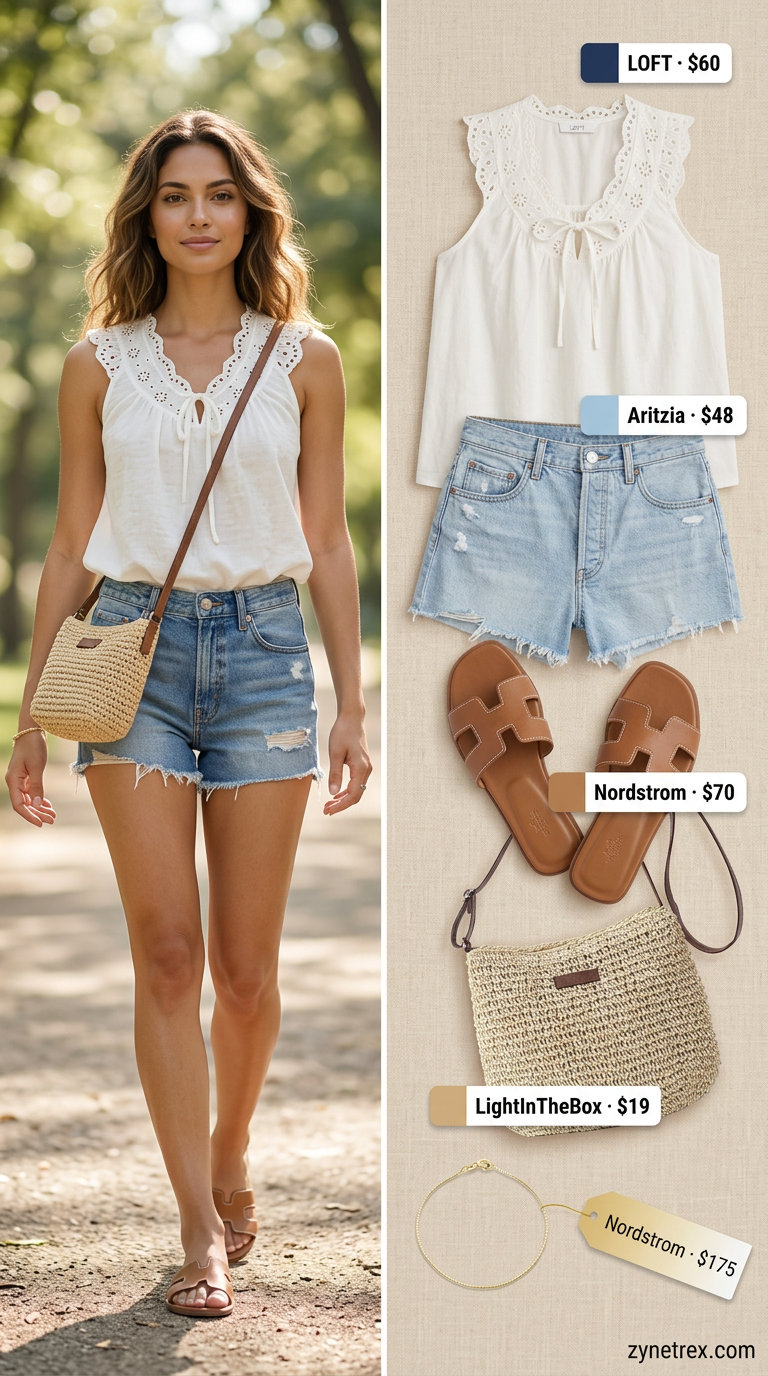 White eyelet ruffle summer sleeveless top 2026 with denim shorts for a relaxed coastal breeze look.
