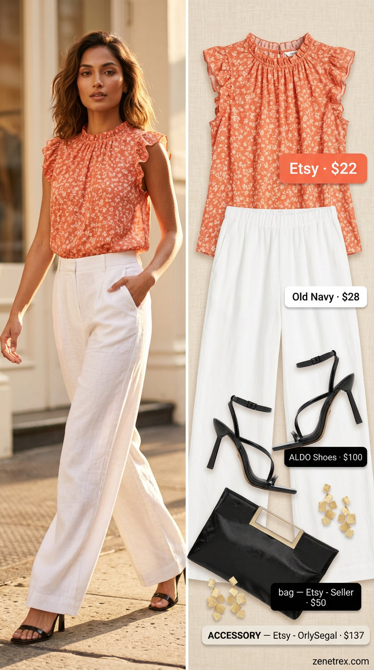 Coral ruffle summer sleeveless top 2026 with cream palazzo pants for date night.