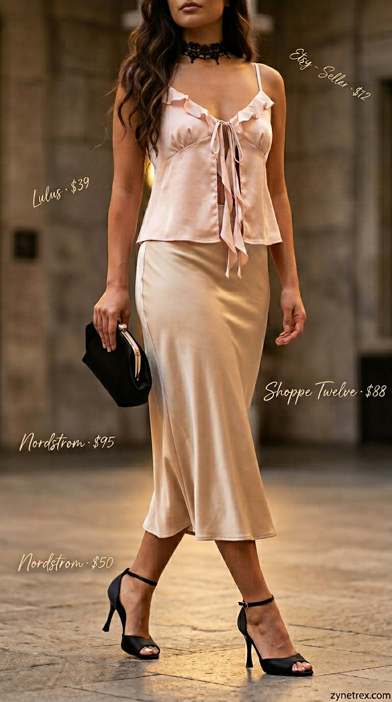 Blush pink ruffle summer sleeveless top 2026 with champagne satin midi skirt for date night.