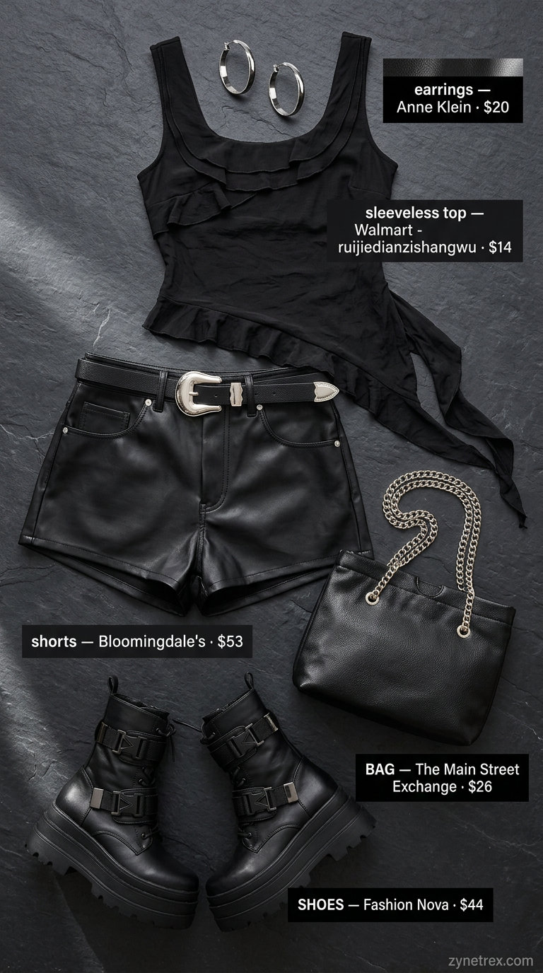 Black ruffle summer sleeveless top 2026 with faux leather shorts and combat boots for edgy night.