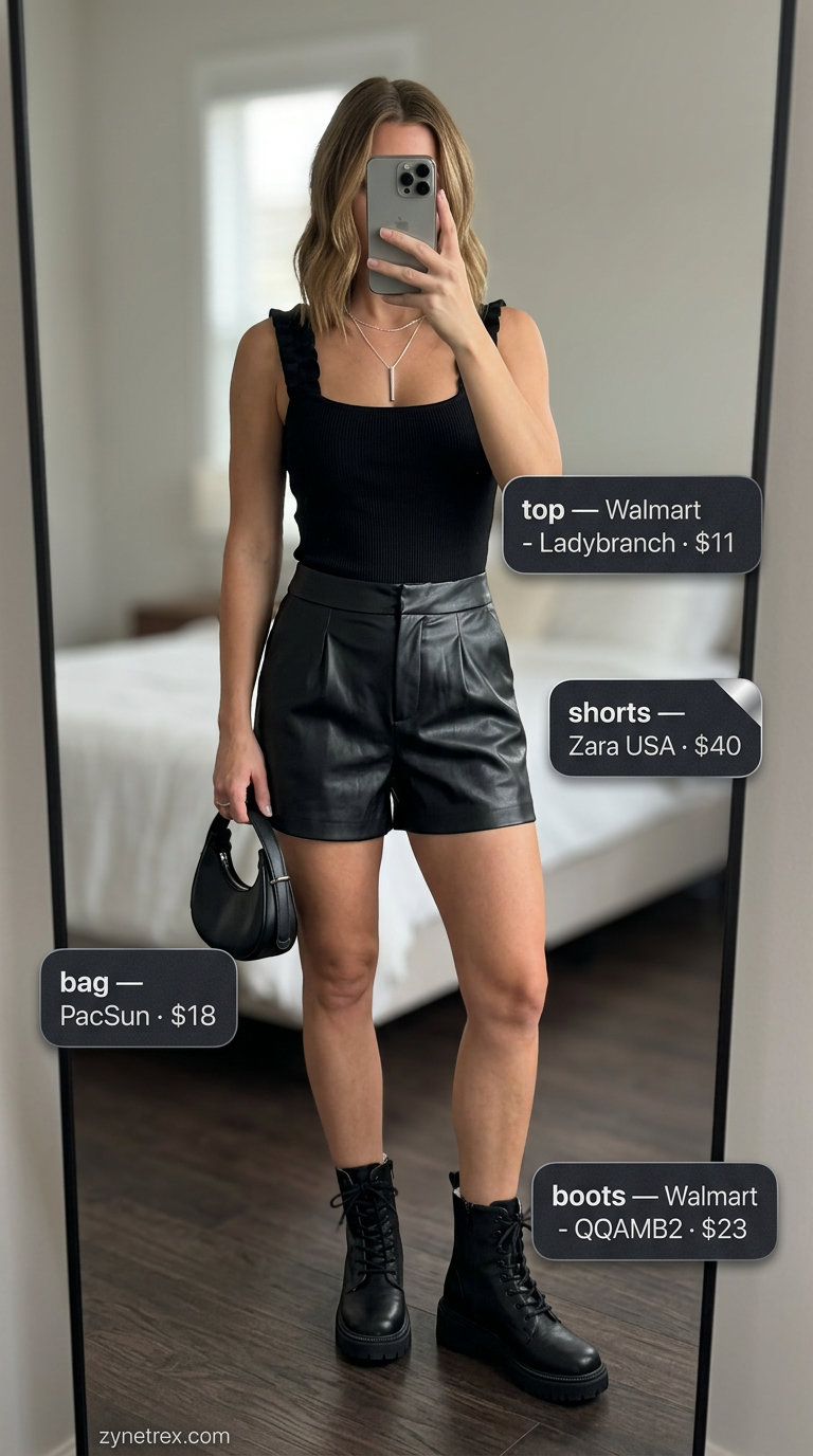 Black ruffle summer sleeveless top 2026 with faux leather shorts and combat boots for edgy style.