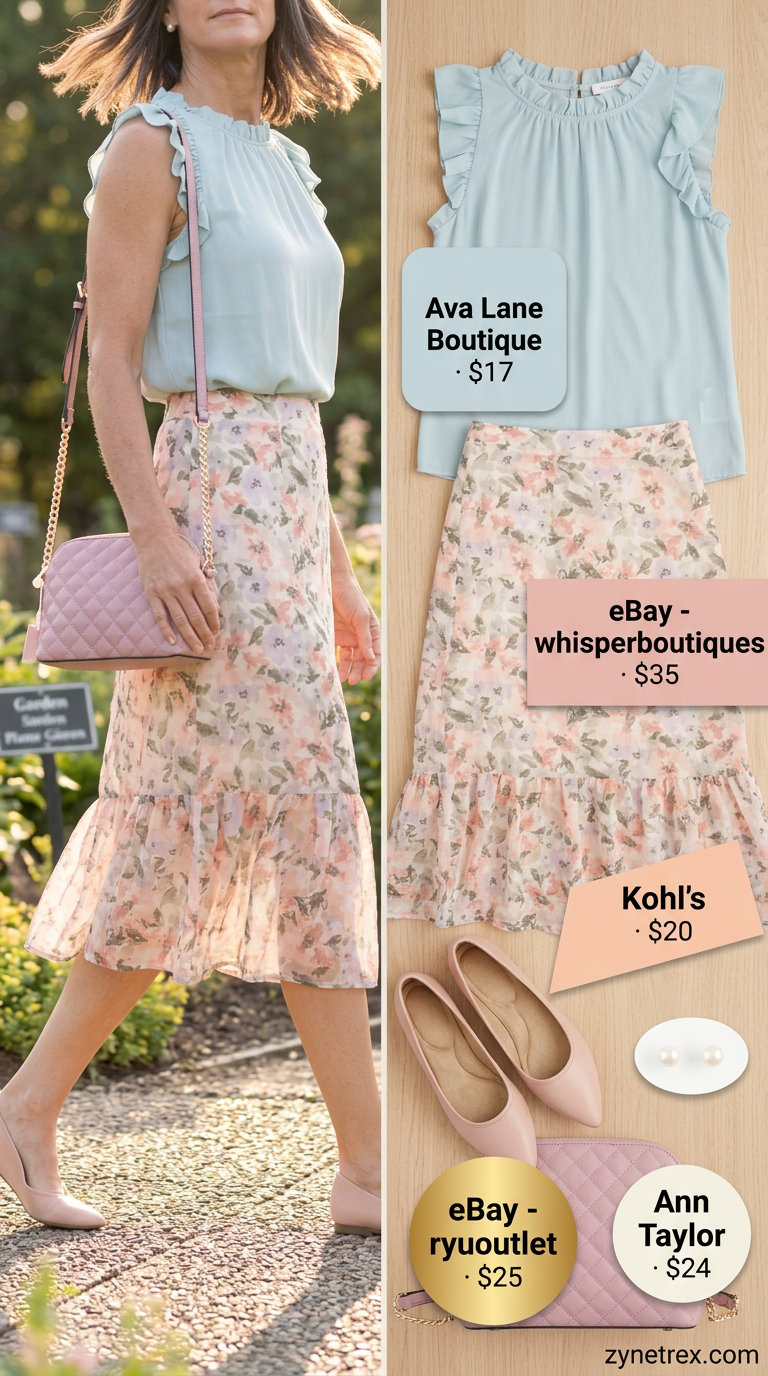 Pastel blue ruffle summer sleeveless top 2026 paired with a floral midi skirt for a sweet garden party outfit.