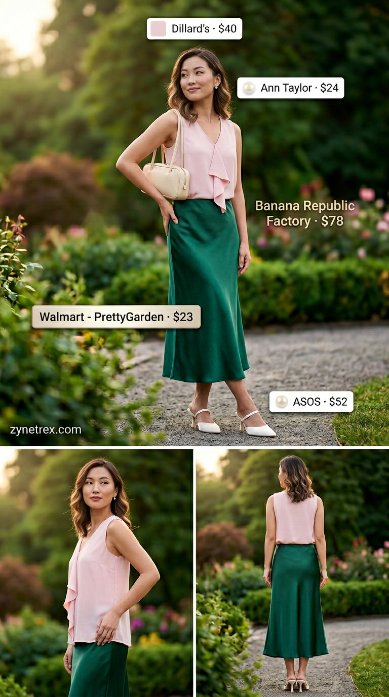 Blush pink ruffle summer sleeveless top 2026 with sage green satin skirt for garden party.