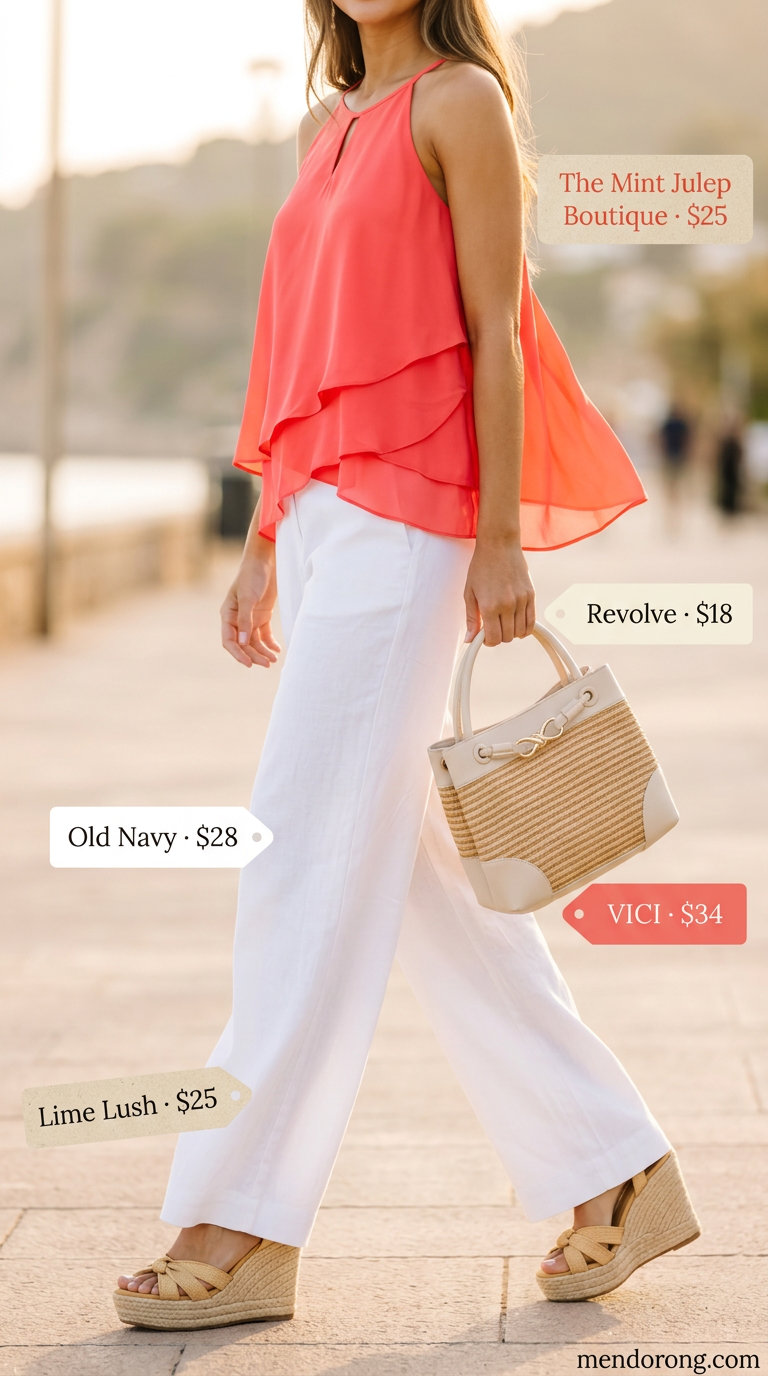 Coral ruffle summer sleeveless top 2026 with wide-leg linen pants for a chic Mediterranean evening.