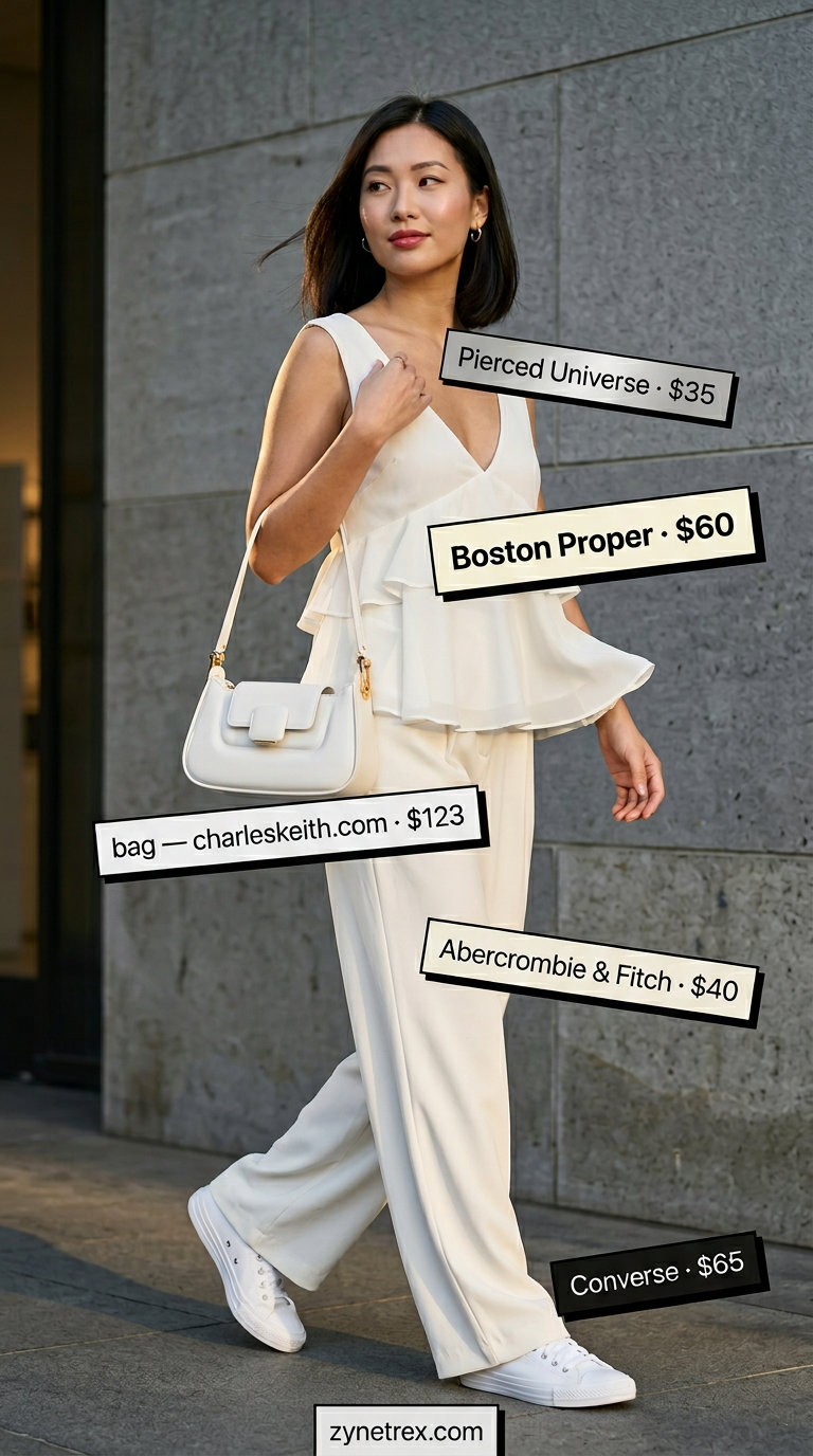 White ruffle summer sleeveless top 2026 with wide-leg trousers for a chic monochrome look.