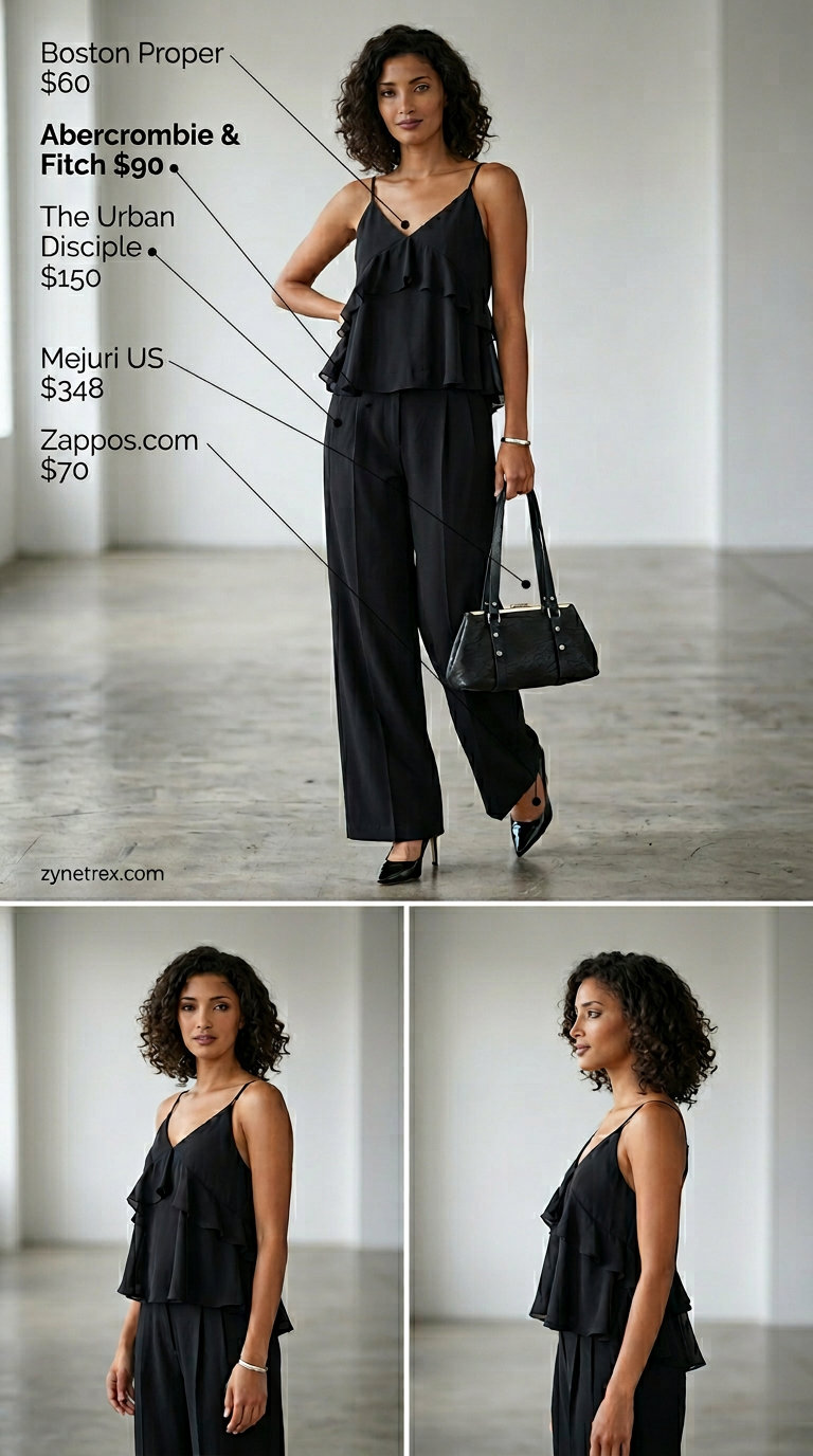 Black ruffle summer sleeveless top 2026 with black wide-leg trousers for office event.