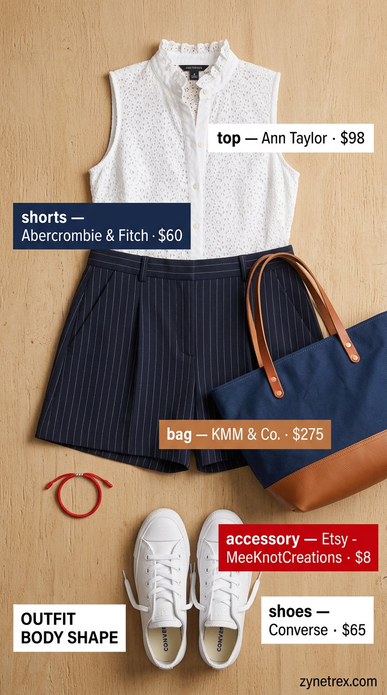 White ruffle summer sleeveless top 2026 with navy striped shorts for a preppy summer look.