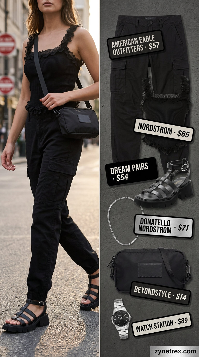 Black ruffle summer sleeveless top 2026 with cargo pants and platform sandals for urban style.