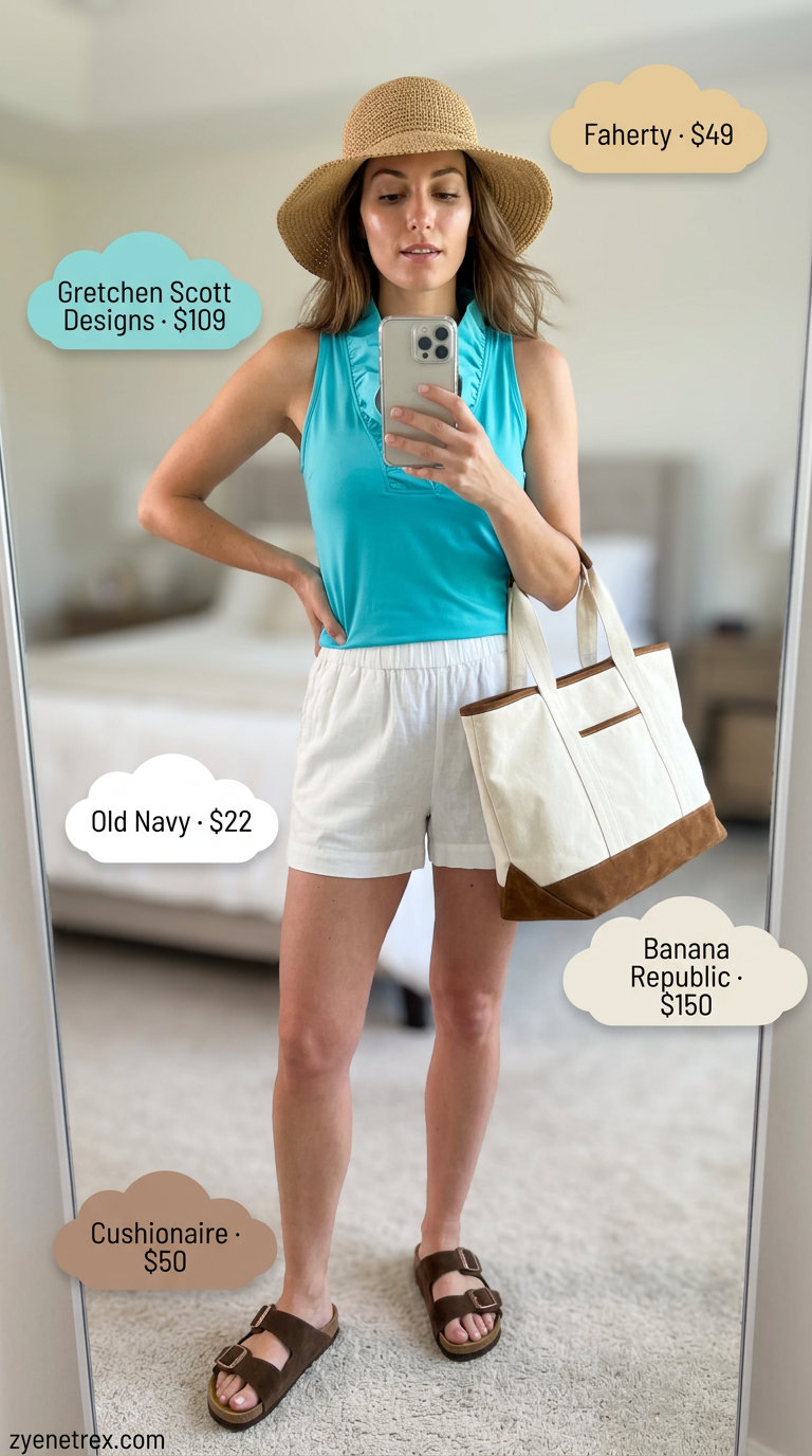 Turquoise ruffle summer sleeveless top 2026 with white linen shorts for a vacation resort look.