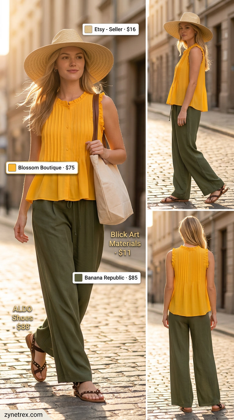 Bright yellow ruffle summer sleeveless top 2026 with wide-leg pants for vacation vibes.