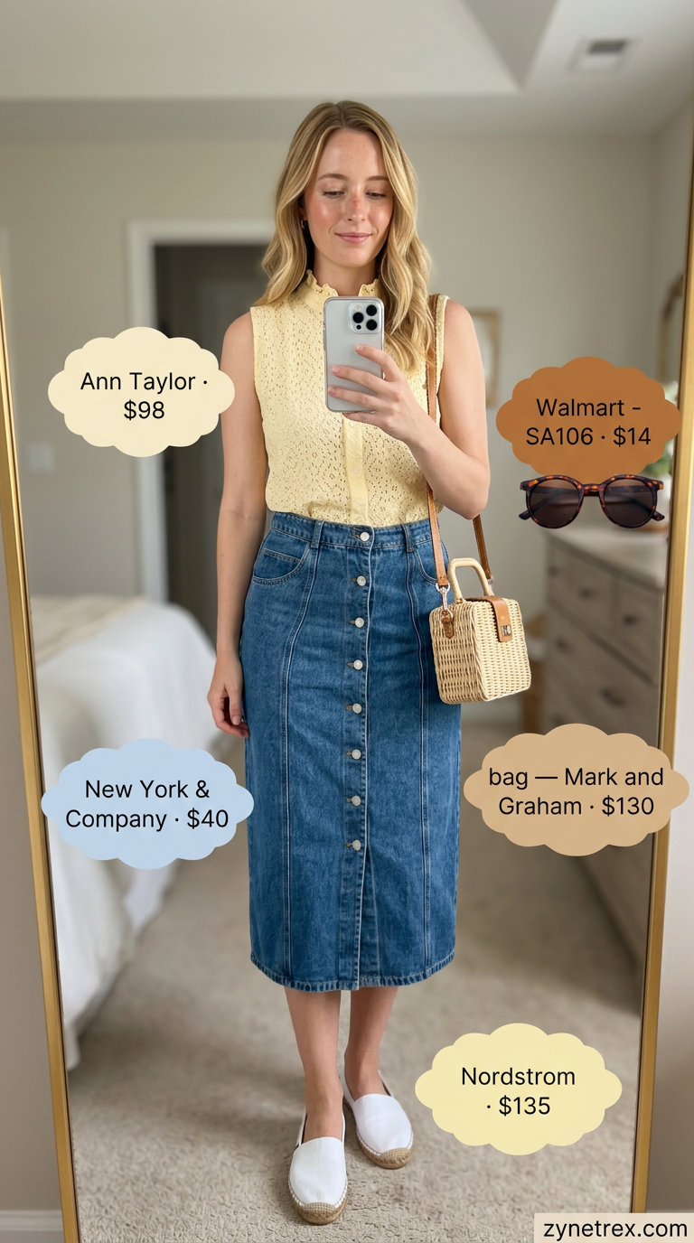 Soft yellow ruffle summer sleeveless top 2026 with a denim midi skirt for a vintage-inspired look.