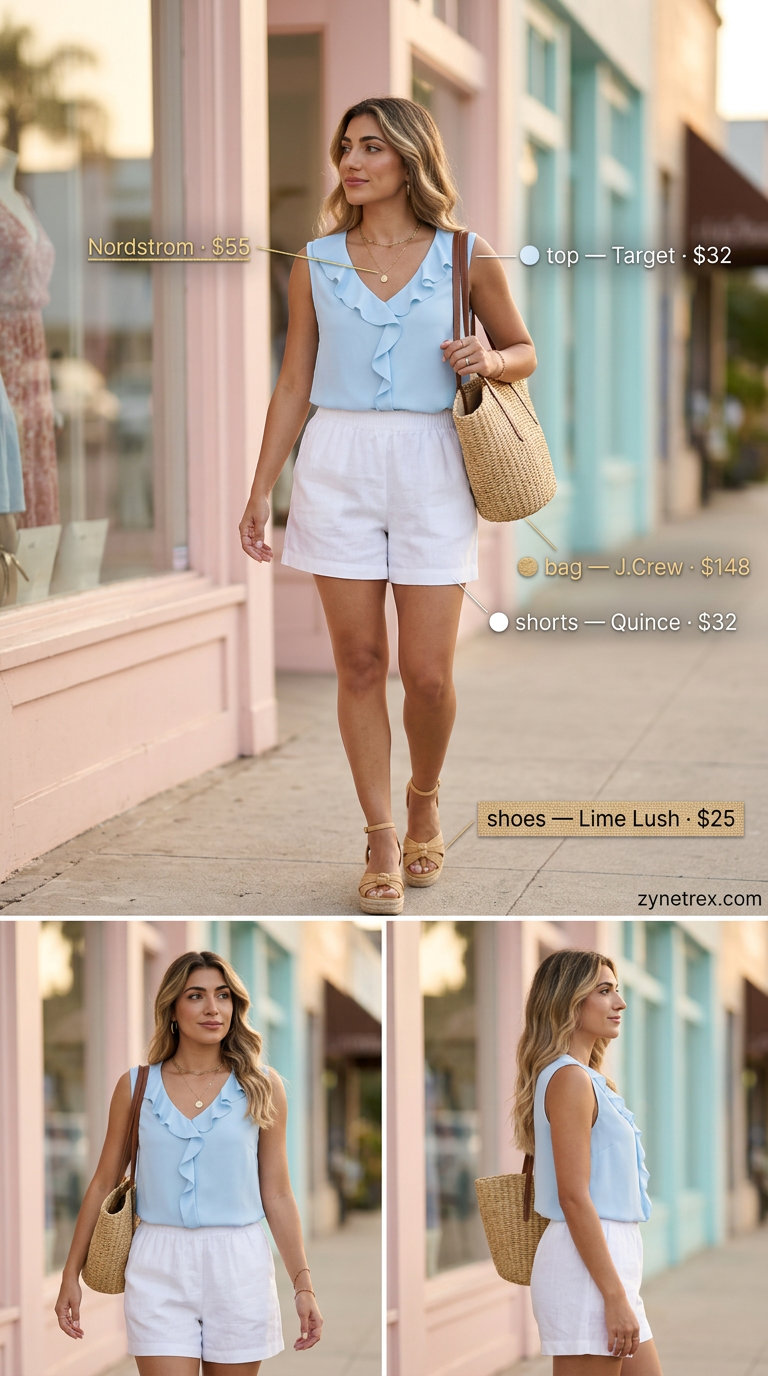 Light blue ruffle summer sleeveless top 2026 with white linen shorts and tan espadrilles for weekend brunch.