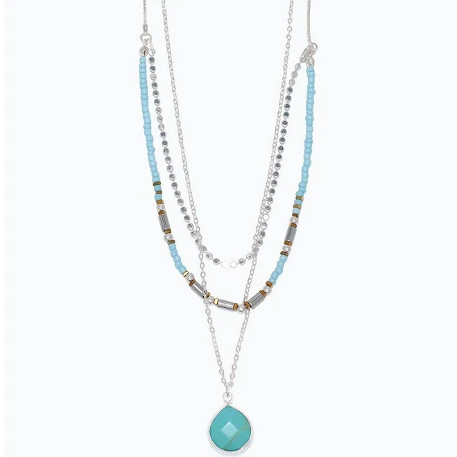 Periwinkle Silver Layered Turquoise & Aqua Beaded Necklace
