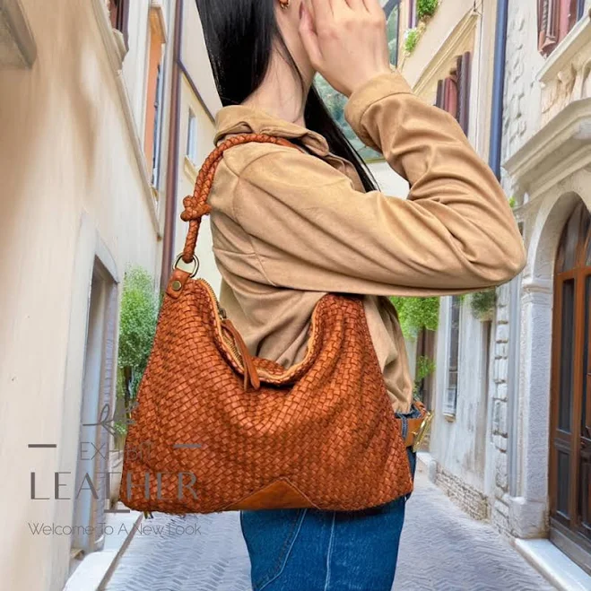 Braided Leather Cowhide Tote Bag