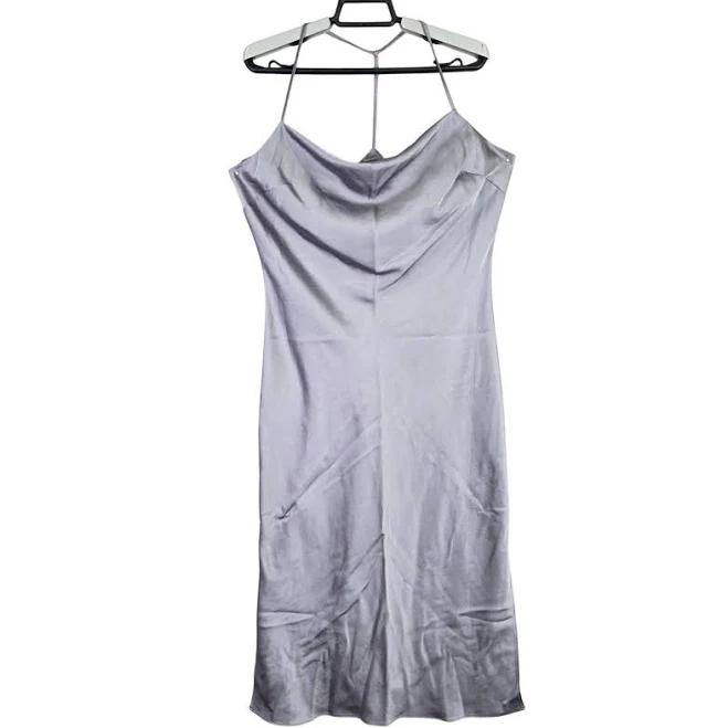 Womens Express Lavender Midi Satin Slip Dress Spaghetti Straps Cowl