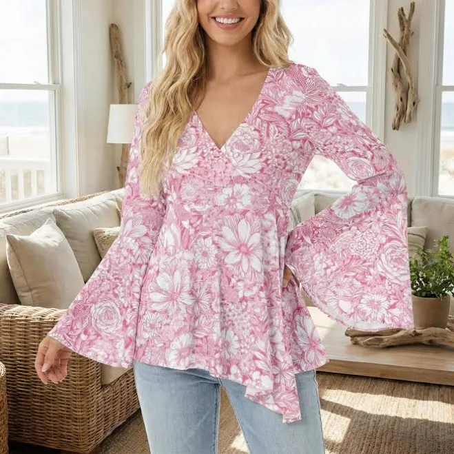 Floral Bell-Sleeve Blouse - Pink White V-Neck, Flowing Fit, Lightweight Top