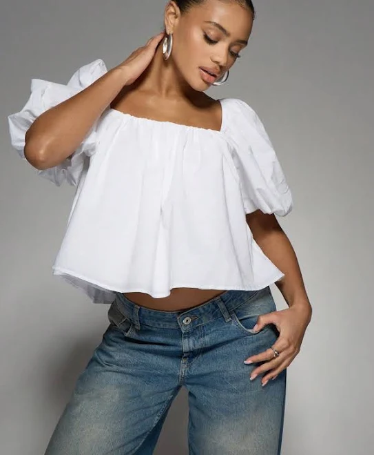 Missguided Square Neck Puff Sleeve Cropped Cotton Poplin Blouse