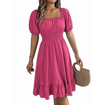 Women's Boho Summer Square Neck Puff Sleeve Off Shoulder Smocked Tiered Casual A Line Short Mini Dress Rose Red M, Size: Medium