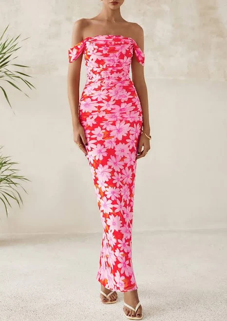 Prettygarden Women's Elegant Off Shoulder Ruched Mesh Maxi Dress