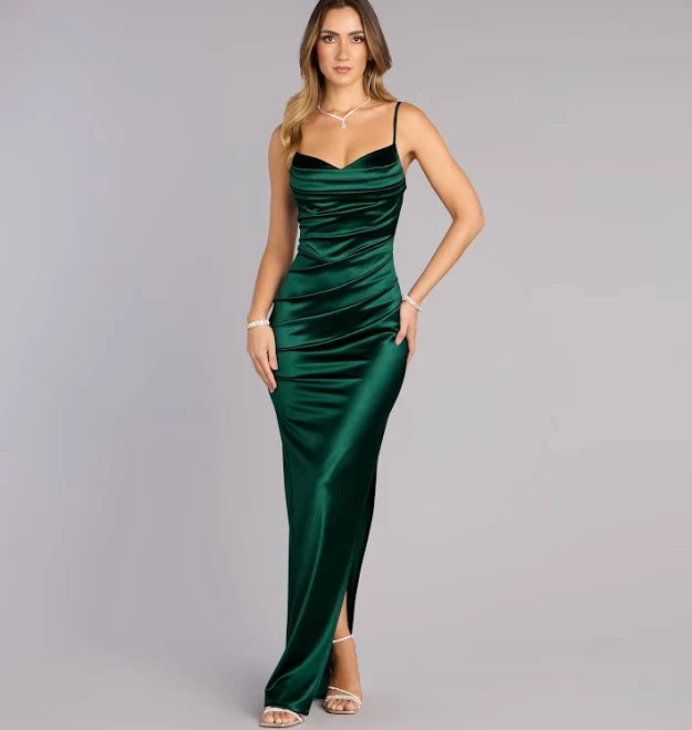 Windsor Jane Cowl Neck Slit Satin Dress