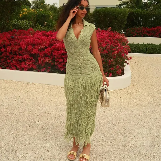 Fashion Nova Catalina Crochet Maxi Dress with Fringe Trim