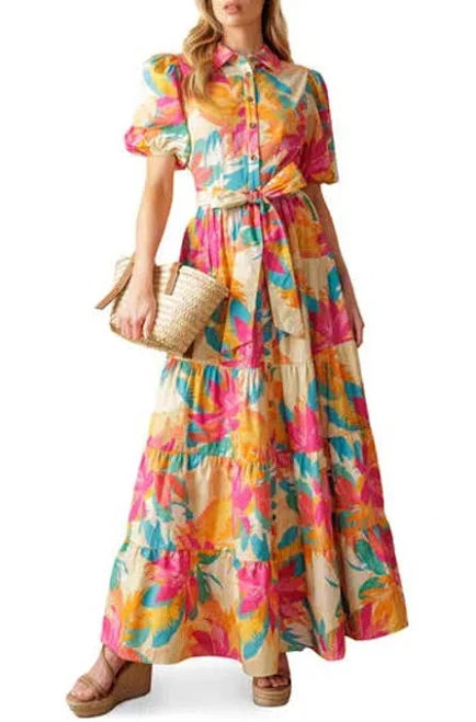 Floral Short Sleeve Maxi Shirtdress In Ivory Pink