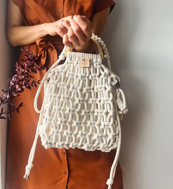 Macrame Boho Handmade Crochet Tote Bag with Wooden Handles