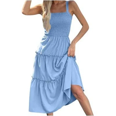 Coolmee Women's Casual Boho Sleeveless Smocked Tiered Maxi Dress