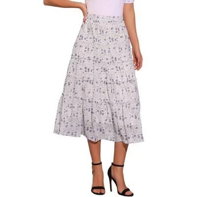 Inspire Chic Women's Floral Elastic Waist Tiered Ruffle Midi Skirt