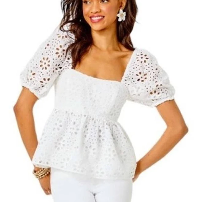 Lilly Pulitzer Kay White Eyelet Blouse Puff Sleeve Cotton Square Neck