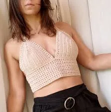 Handmade Ecru Crochet Crop Top, 100% Cotton Boho Bralette, Neutral Knit Halter Neck Top, Unique Summer Festival Clothing, Size Medium