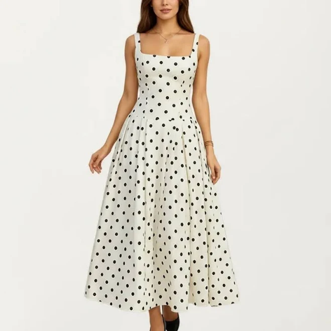 Anna-Kaci Women's Polka Dot Square Neckline Midi Dress