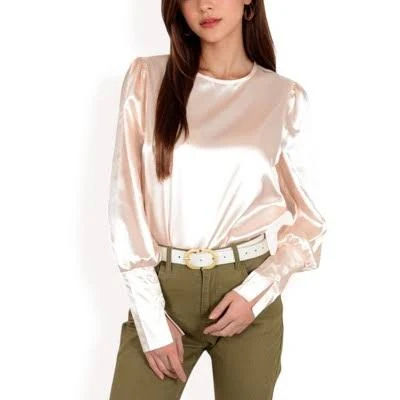 Anna-Kaci Women's Satin Blouse with Buttoned Cuffs and Subtle Puff Shoulders