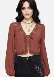 Abellona Embroidered Rust Tie Front Blouse