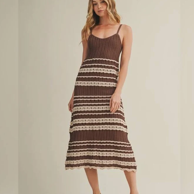 Crochet Knit Striped Midi Dress