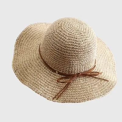 Anna-Kaci Women's Wide Brim Straw Sun Hat with Leather Tie