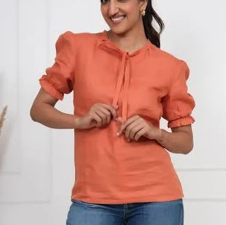 Linen Puff Sleeve Tie Neck Blouse