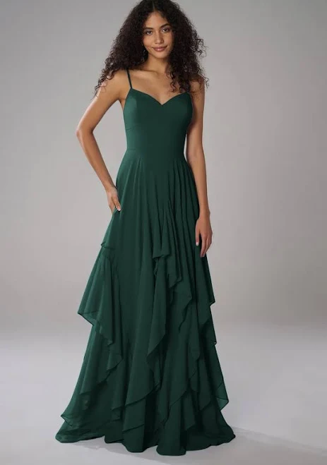 AW.Bridal A-line Sweetheart Neckline Floor Length Sleeveless Spaghetti Straps Chiffon Ruffles Tiered Long Bridesmaid Dresses