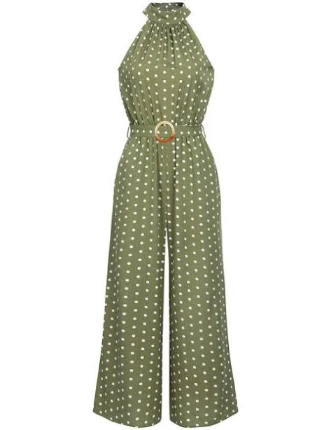Jumpsuit Polka Dot Halter Belt Wide Leg