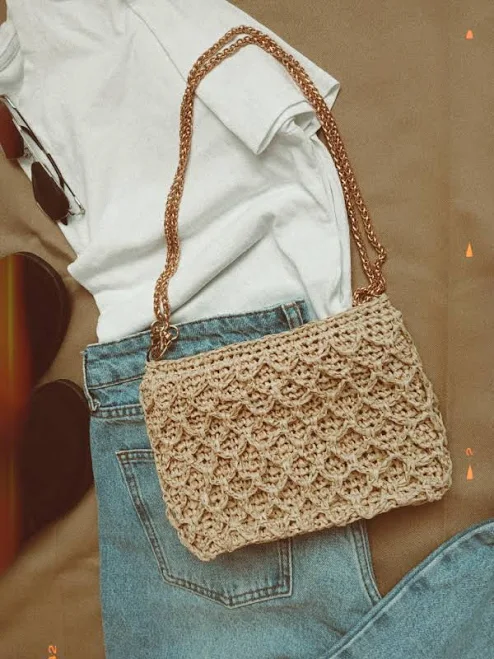 Raffia Crossbody Bag with Chain