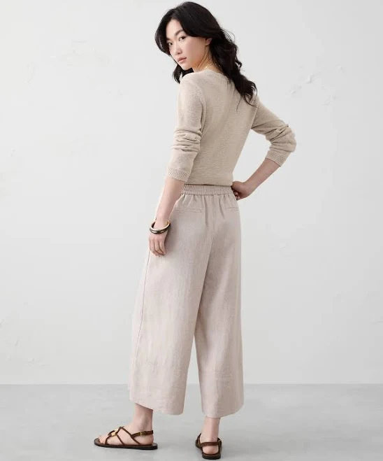Women's Wide-Leg High-Rise Linen-Blend Cropped Pull-On Pant