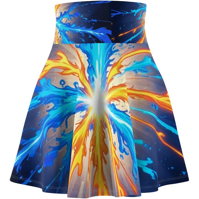 Abstract Fire And Water Splash Skater Skirt | Blue Orange Burst