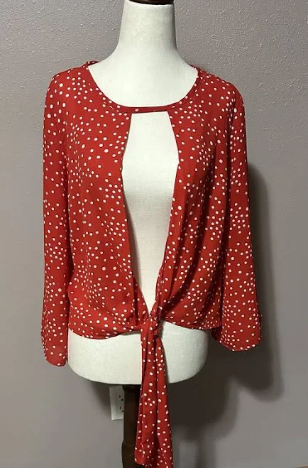 Women's Red And White Polka Dots Blouse Tie Front Crop Top/open Front.