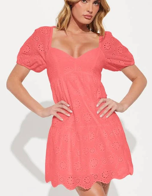 Fashion Nova Puff Sleeve Tiered Short Sleeve Textured V-Neck Ellie Eyelet Mini Dress