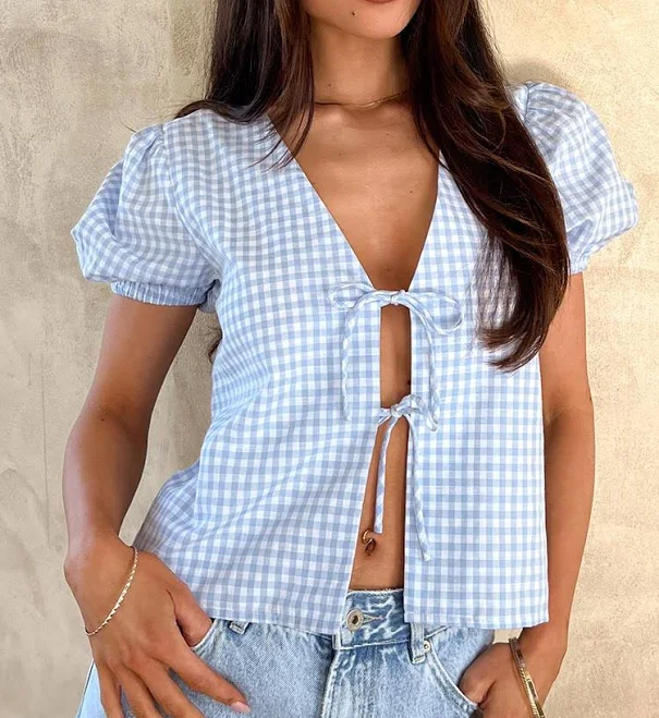 Lunya Gingham Tie Up Top