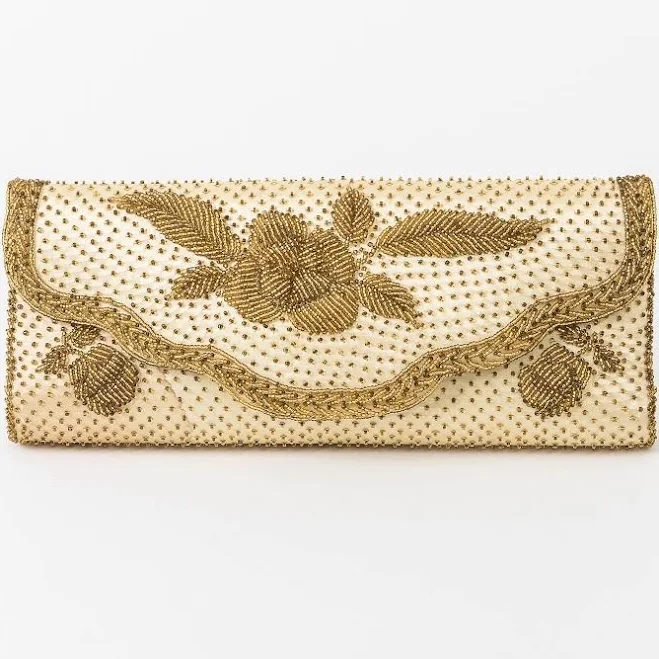 Vintage Beaded Evening Clutch Glass Beads Golden Metallic Floral Satin