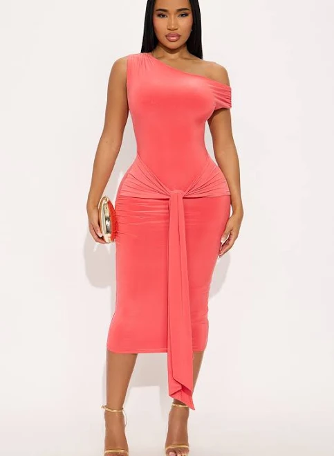Fashion Nova Venezia One Shoulder Backless Draped Midi Dress