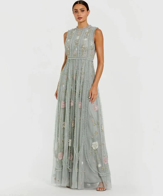 Mac Duggal Sleeveless A-Line Ruffle Mesh Gown with Floral Mesh
